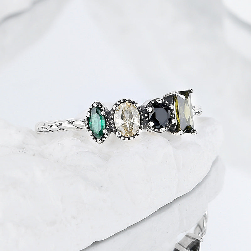 925 Sterling Silver Ring Olive Green Square Zircon Twisted Rope Chain Irregular
