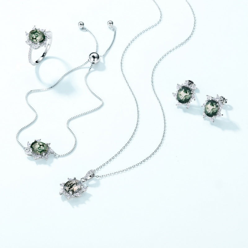 925 Silver Oval Green Moss Agate Necklace Gift for Her