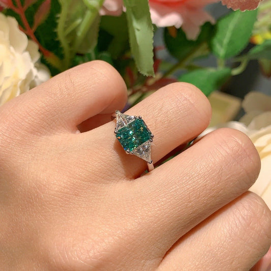 2.0 Carat Radiant Aqua Teal Moissanite Ring - D - E Color in Sterling Silver | US Sizes 5 - 9