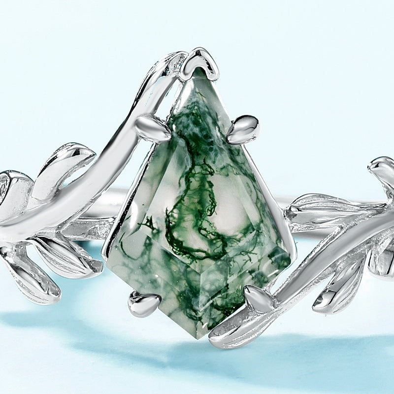 Olive Branch Natural Green Moss Agate Ring Minimalist • Green Crystal Birthstone Ring • Vintage Art Deco Jewelry