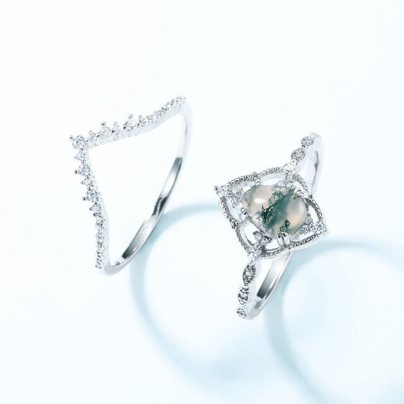 Silver Pear-shaped Green Moss Agate Ring Set Wedding Gift for Her