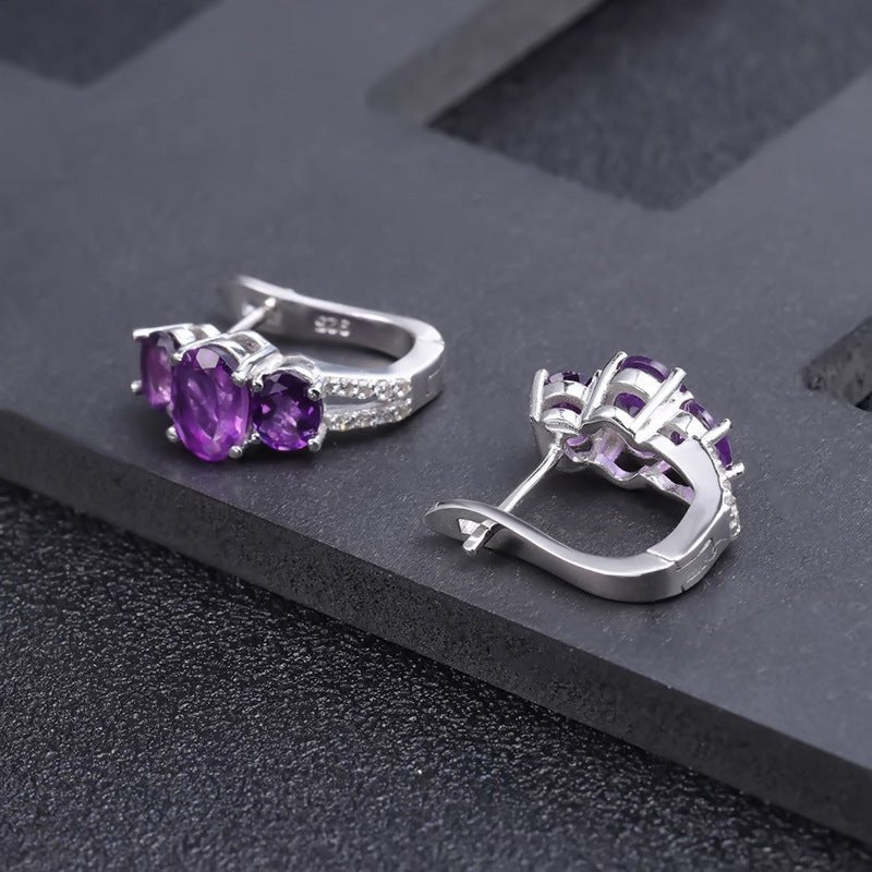 925 Sterling Silver Earrings | 3 Oval Natural Amethyst Stud Earrings for Women