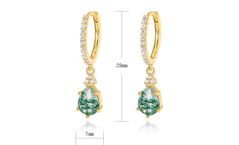 Moss Agate Gold Hoop Earrings, Pear Moss Agate Vintage Earrings, Anniversary Birthday Gifts for Her