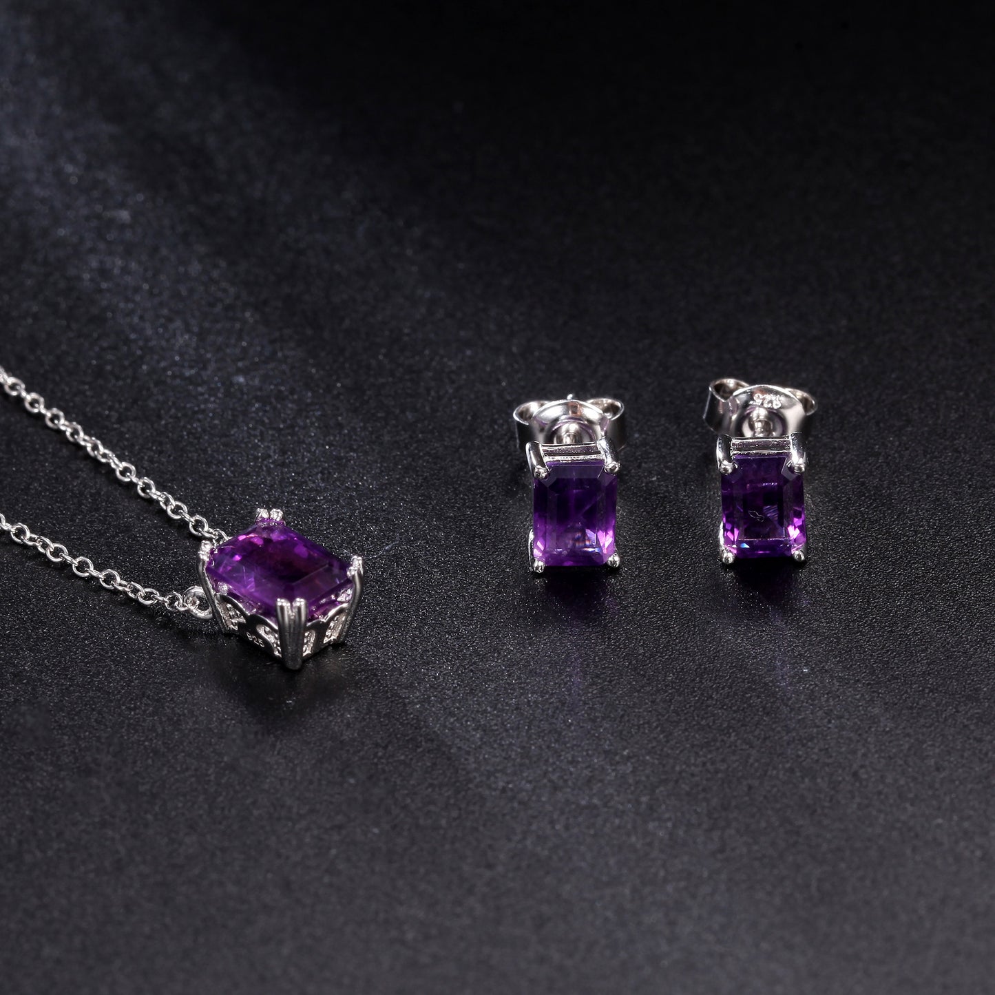 Natural Amethyst Emerald Cut Stud Earrings 925 Silver Set with Natural Gemstones