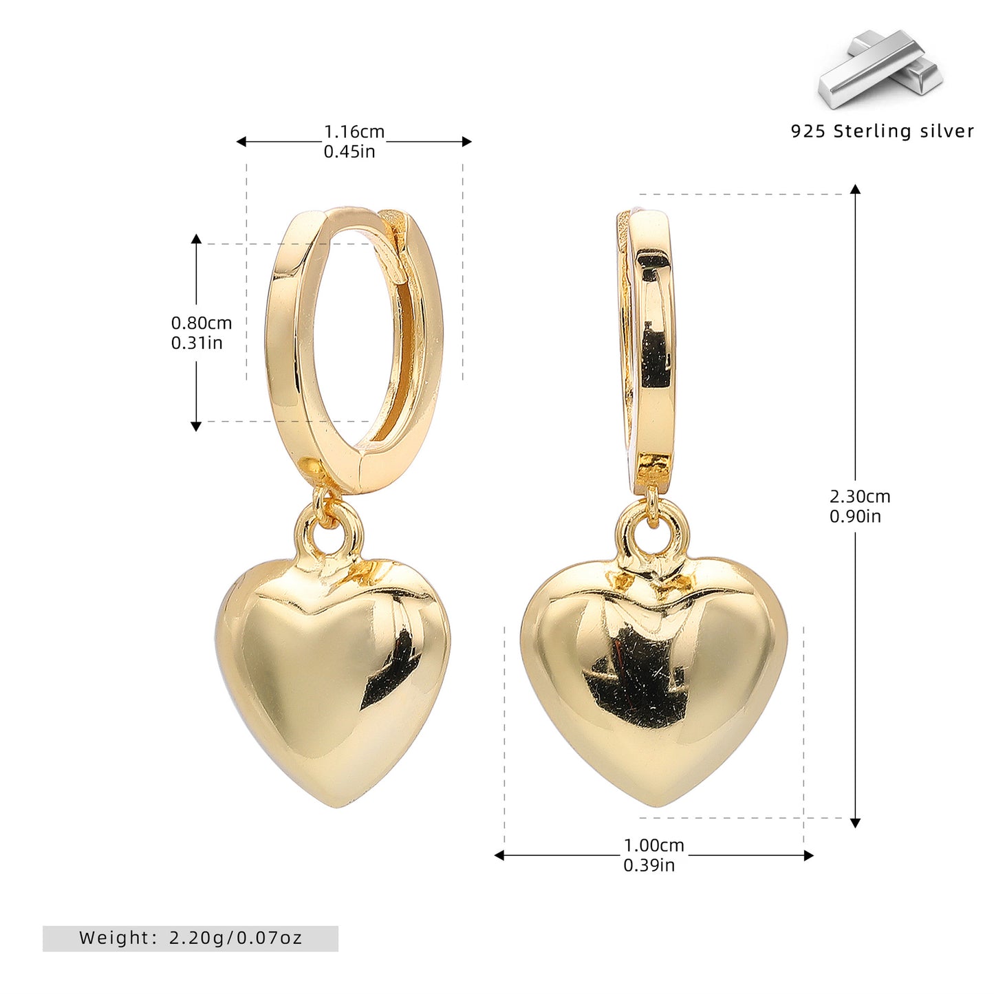 Heart Huggie Earrings Sterling Silver | Golden Hoop Earrings Heart Charm 18K Gold Plated | Rose Gold Hoops | Sterling Silver Jewelry