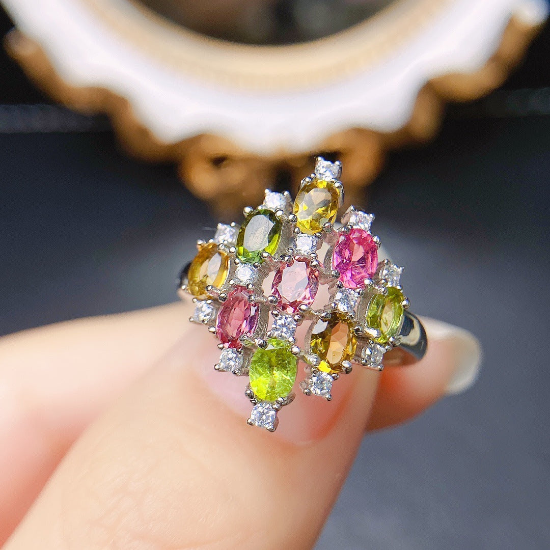 Natural Multi Tourmaline Ring 925 Sterling Silver October Birthstone Statement Ring