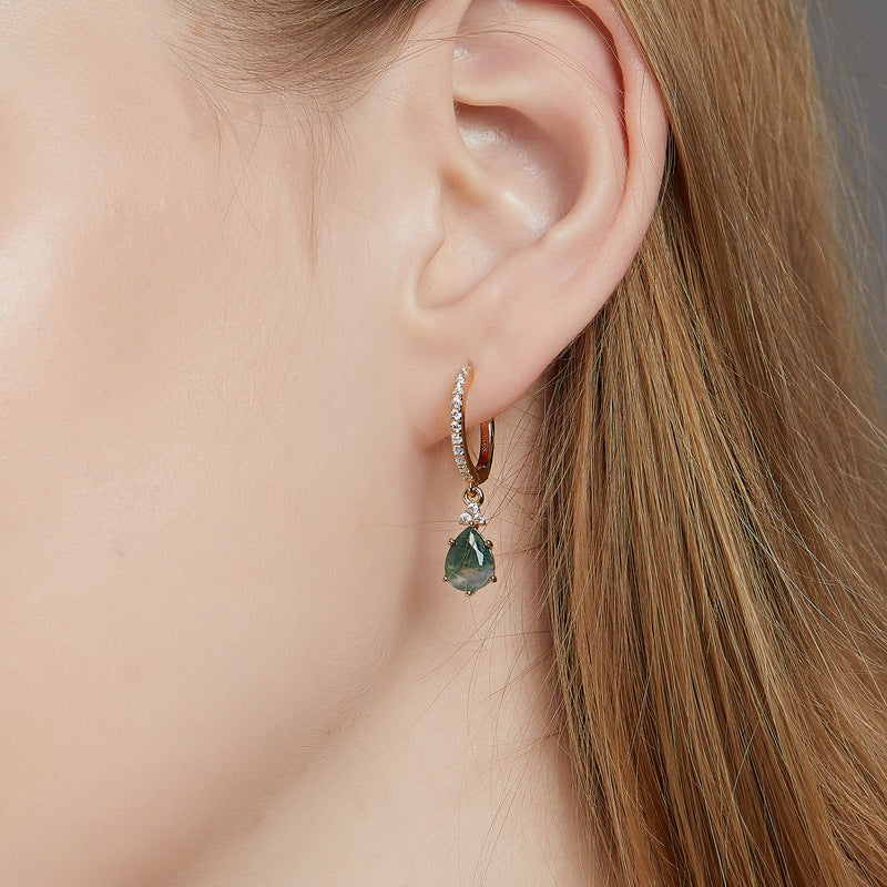 Moss Agate Gold Hoop Earrings, Pear Moss Agate Vintage Earrings, Anniversary Birthday Gifts for Her