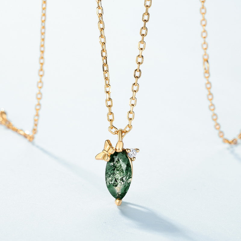 Natural Moss Agate Marquise Pendant 925 Silver Moss Stone Necklace Gift for Her