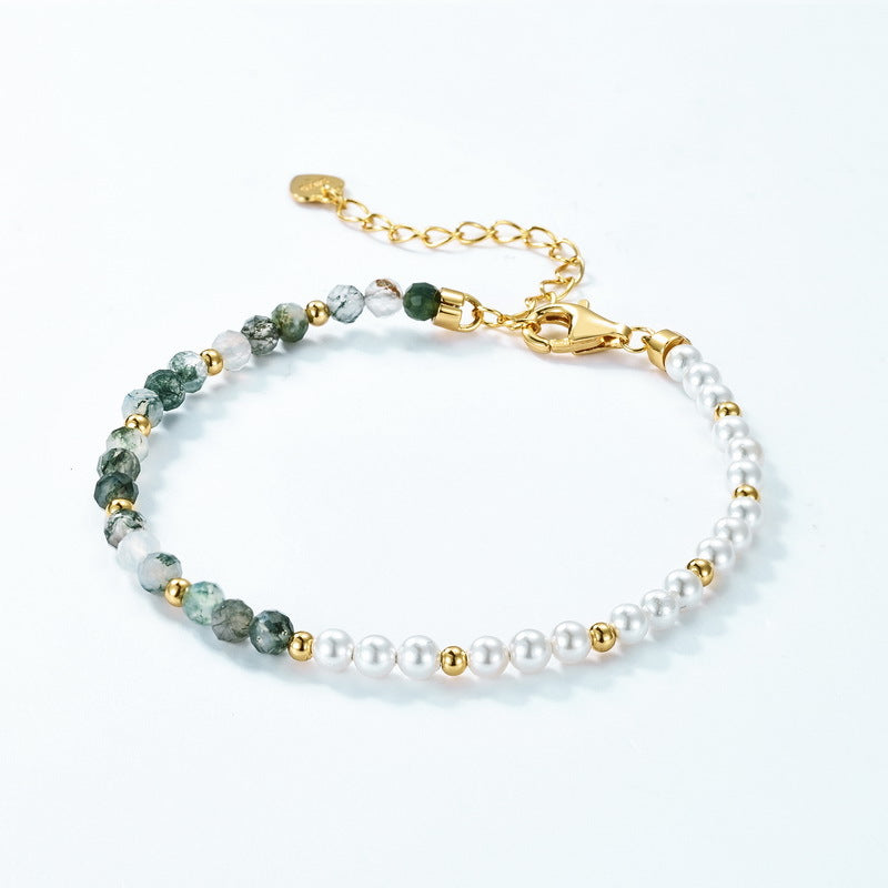 Dainty Handmade Beaded Green Moss Agate Bracelet 925 Sterling Silver Pearl Bracelet