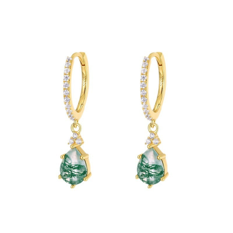 Moss Agate Gold Hoop Earrings, Pear Moss Agate Vintage Earrings, Anniversary Birthday Gifts for Her