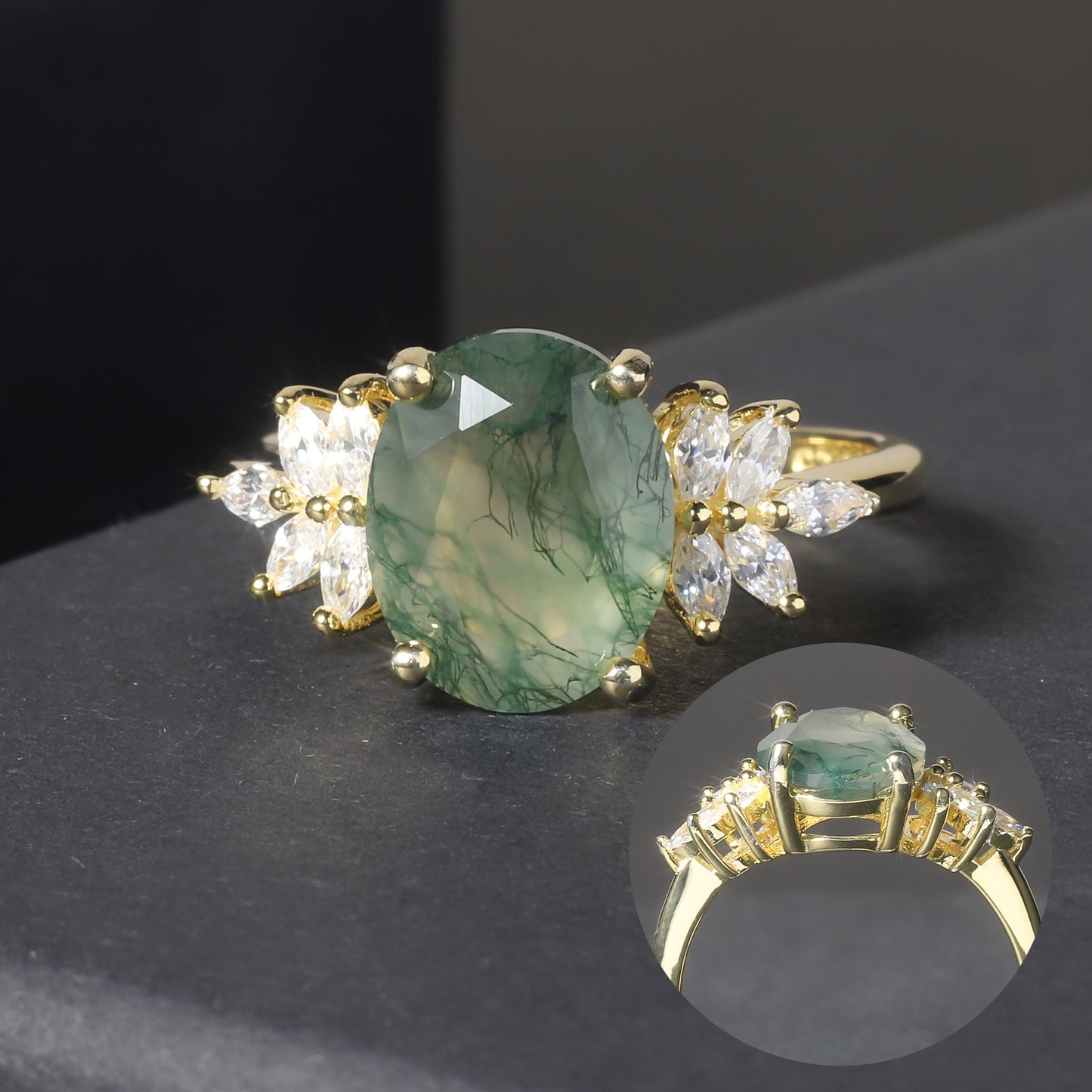 Oval Halo Natural Moss Agate Engagement Ring - 18k Gold Plated 925 Sterling Silver | Perfect Gift for Her (Engagement, Wedding Anniversary, Birthday)