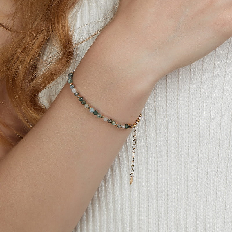 Dainty Handmade Beaded Green Moss Agate Bracelet 925 Sterling Silver Pearl Bracelet