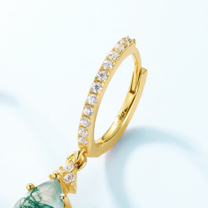 Moss Agate Gold Hoop Earrings, Pear Moss Agate Vintage Earrings, Anniversary Birthday Gifts for Her