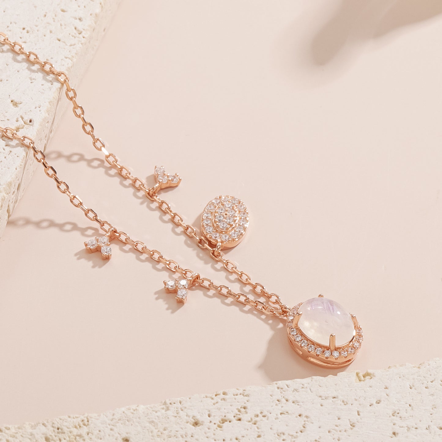 2Ct Natural Moonstone Charm Necklace 925 Sterling Silver Collarbone Chain Plated 18k Rose Gold Gift for her