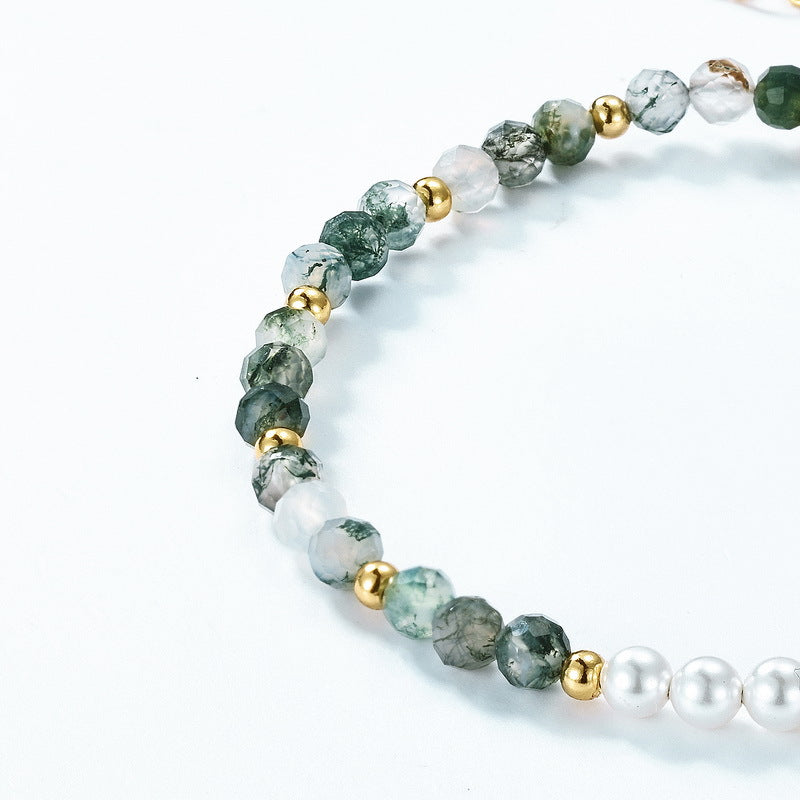 Dainty Handmade Beaded Green Moss Agate Bracelet 925 Sterling Silver Pearl Bracelet