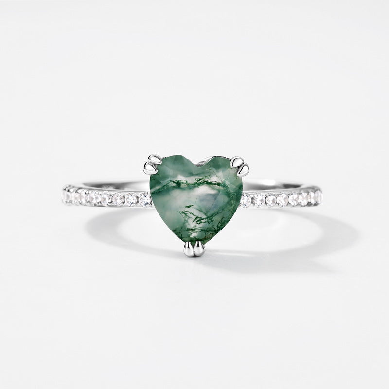 Dainty Love | Pear-shaped Solitaire Natural Moss Agate Ring 925 Silver Engagement Gift