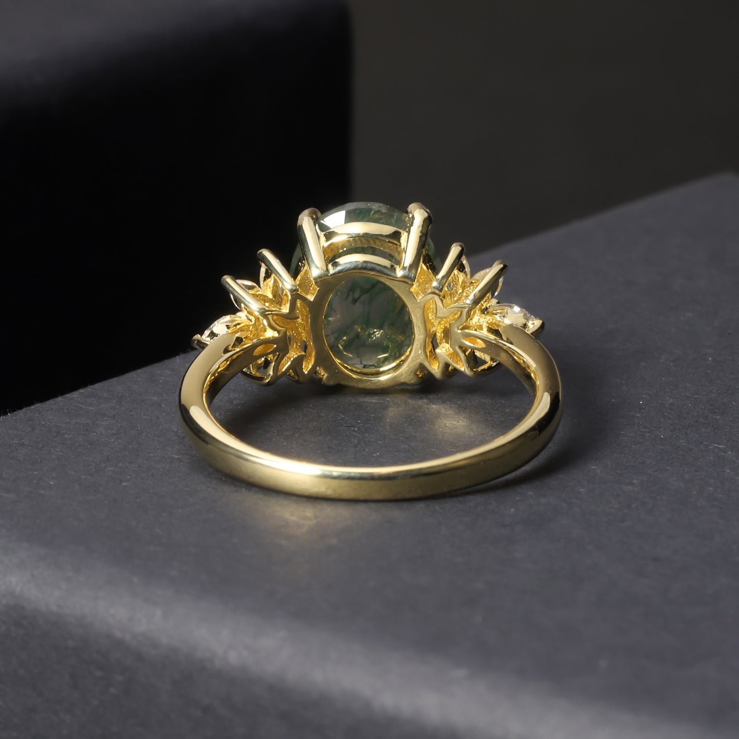 Oval Halo Natural Moss Agate Engagement Ring - 18k Gold Plated 925 Sterling Silver | Perfect Gift for Her (Engagement, Wedding Anniversary, Birthday)