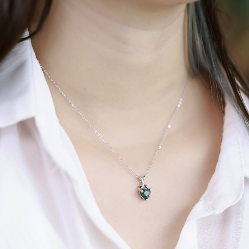 Simple Heart Green Moss Agate Pendant Clavicle Chain 925 Sterling Silver Gold Plated Necklace Gift for Her