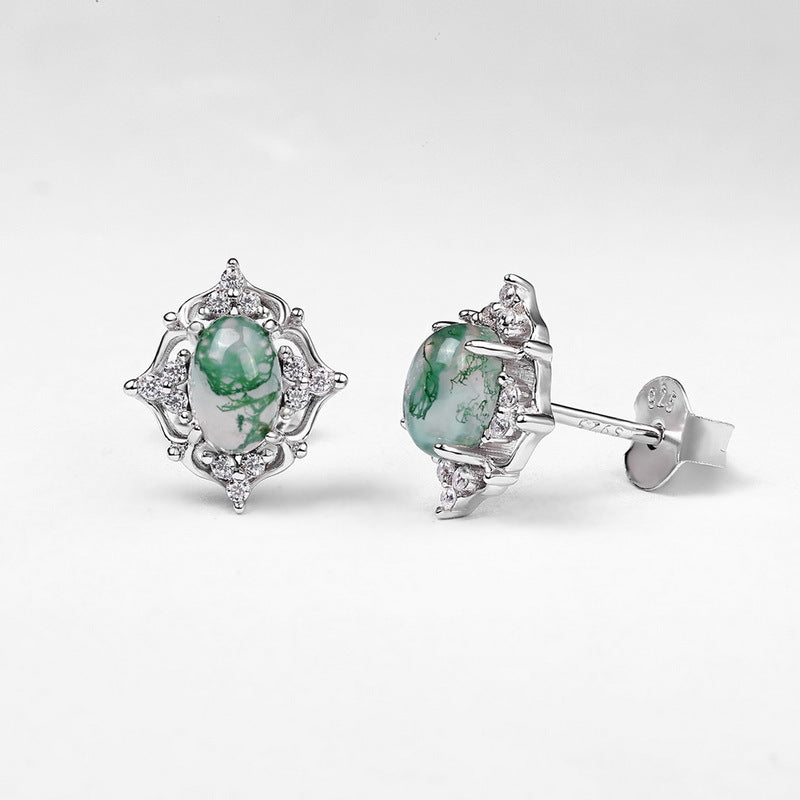 Hollow Pattern Halo Oval Green Moss Agate Stud Earrings 925 Silver Gift for Her
