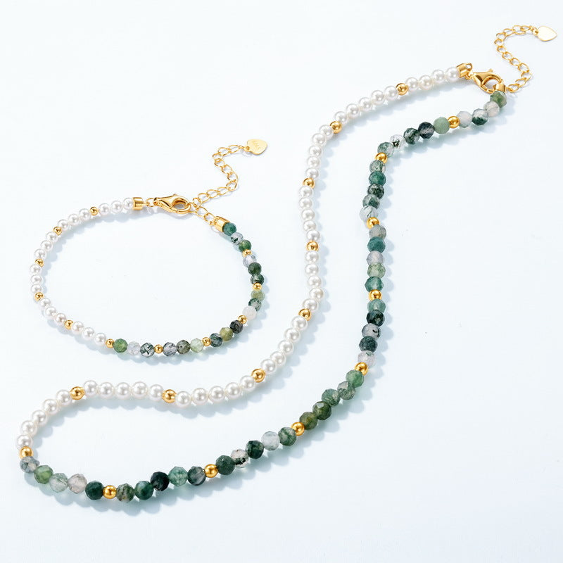 Dainty Handmade Beaded Green Moss Agate Bracelet 925 Sterling Silver Pearl Bracelet