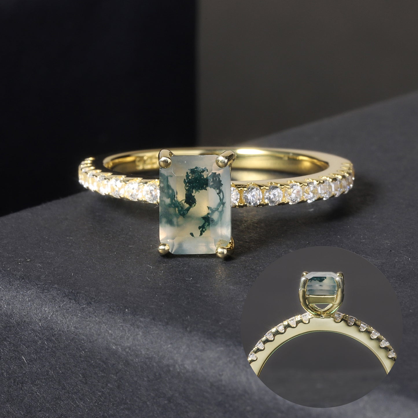 Natural Moss Agate Ring Emerald Cut Solitaire Moss Agate Ring-Gold-Silver-Delicate-Stacking Ring-Promise-Anniversary Ring for Women-Christmas Gift