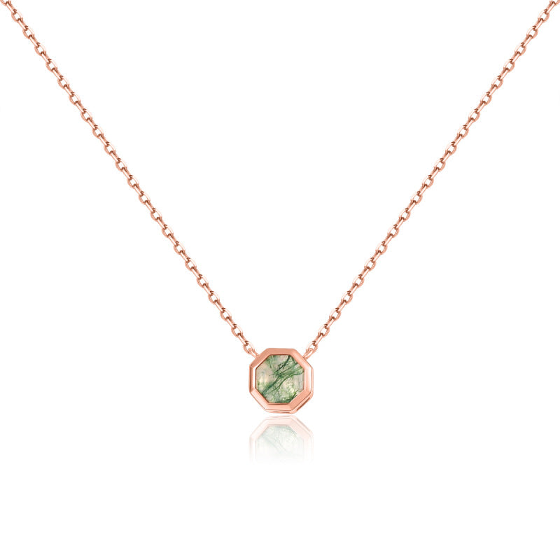 Hexagonal Natural Moss Agate Pendant 925 Sterling Silver Necklace Birthday Anniversary Christmas Gift for Her