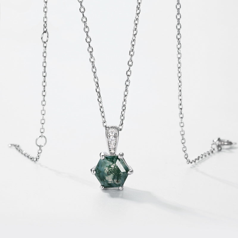 Hexagon Moss Agate Necklace 925 Sterling Silver Gift for Her