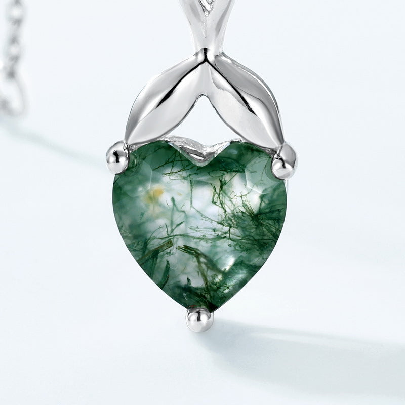 Simple Heart Green Moss Agate Pendant Clavicle Chain 925 Sterling Silver Gold Plated Necklace Gift for Her