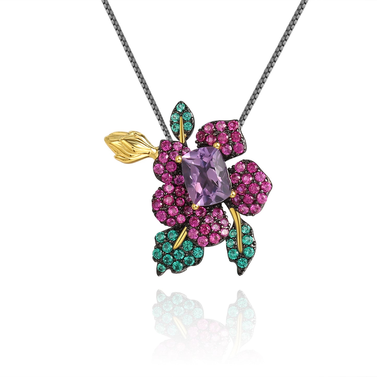 Designer Natural Citrine | Amethyst | Garnet Brooch Pendant Dual-Purpose Natural Wind Flower 925 Silver Colored Gemstone Brooch Necklace