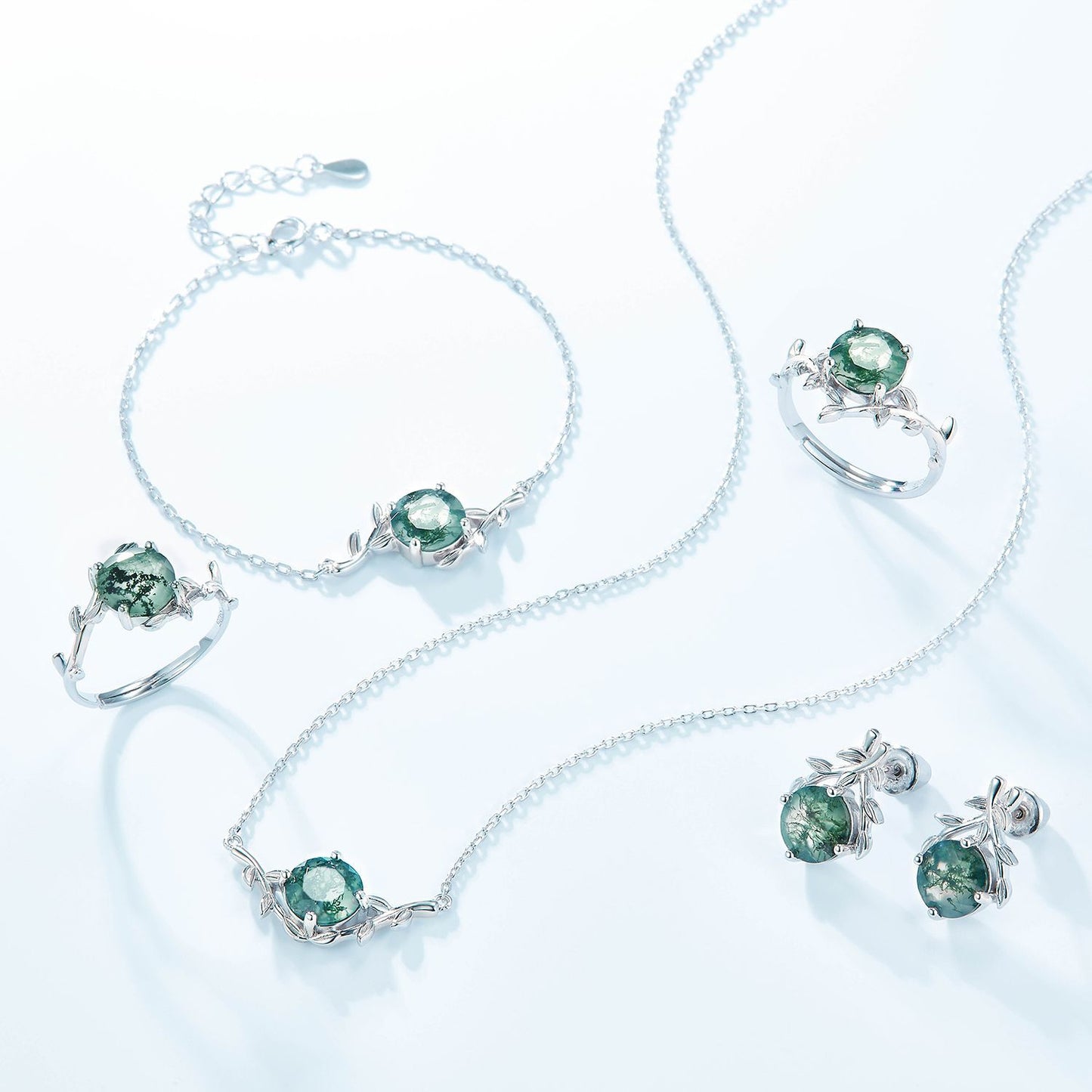 Moss Agate Leaf Stud Earring Nature Leaf Branch Earring White Gold Cluster Stud Anniversary Gift