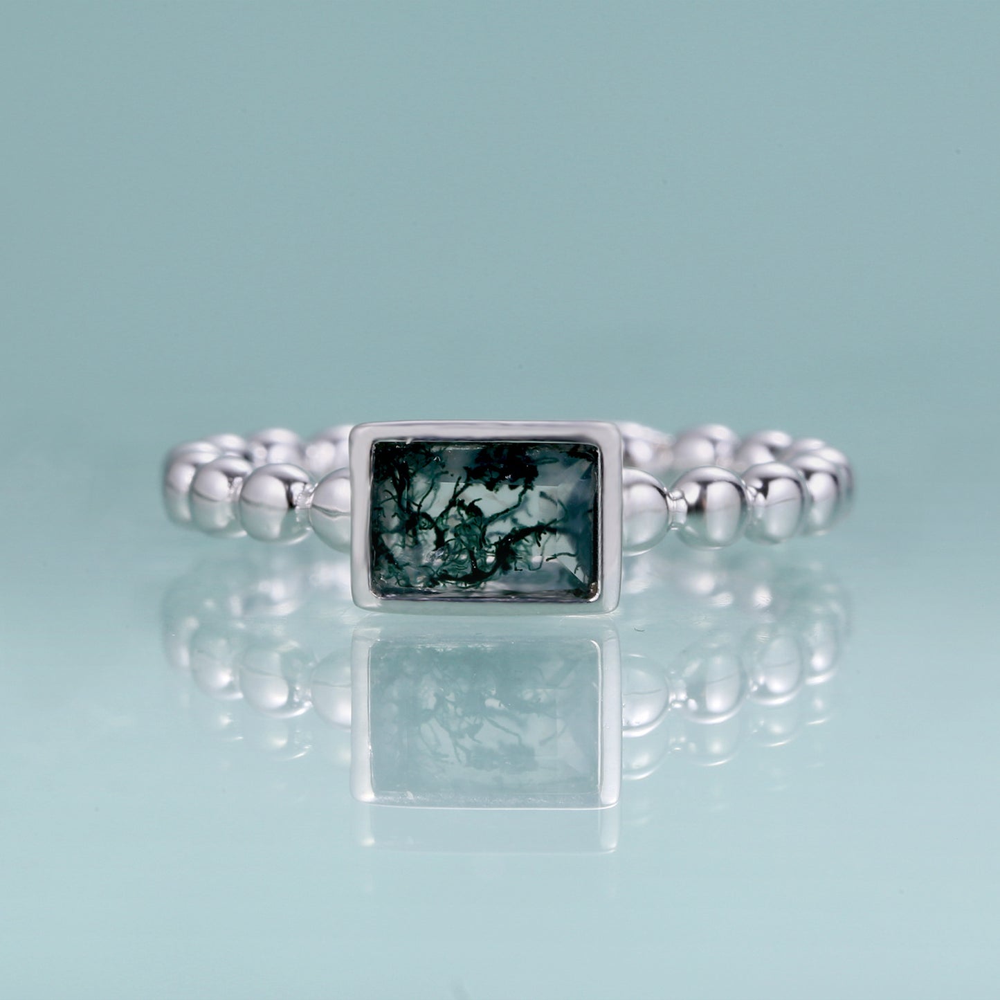 Rectangle Natural Moss Agate Ring 925 Sterling Silver 0.6 Carat Green Moss Gemstone Ring