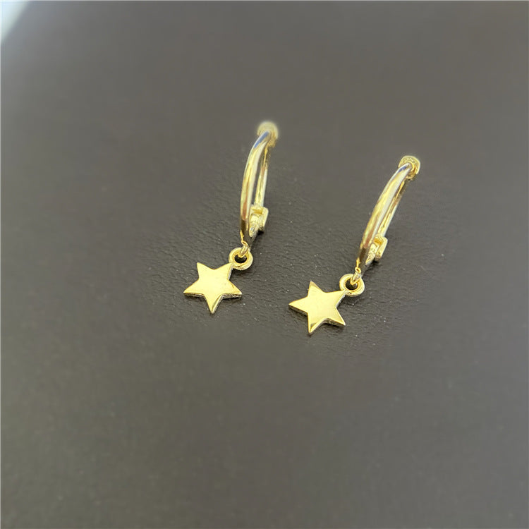 14k Gold Star Hoop Earrings in 925 Sterling Silver - Minimalist Jewelry, Dainty Everyday Dangle Earrings, Gift for Her, Gold Hoops