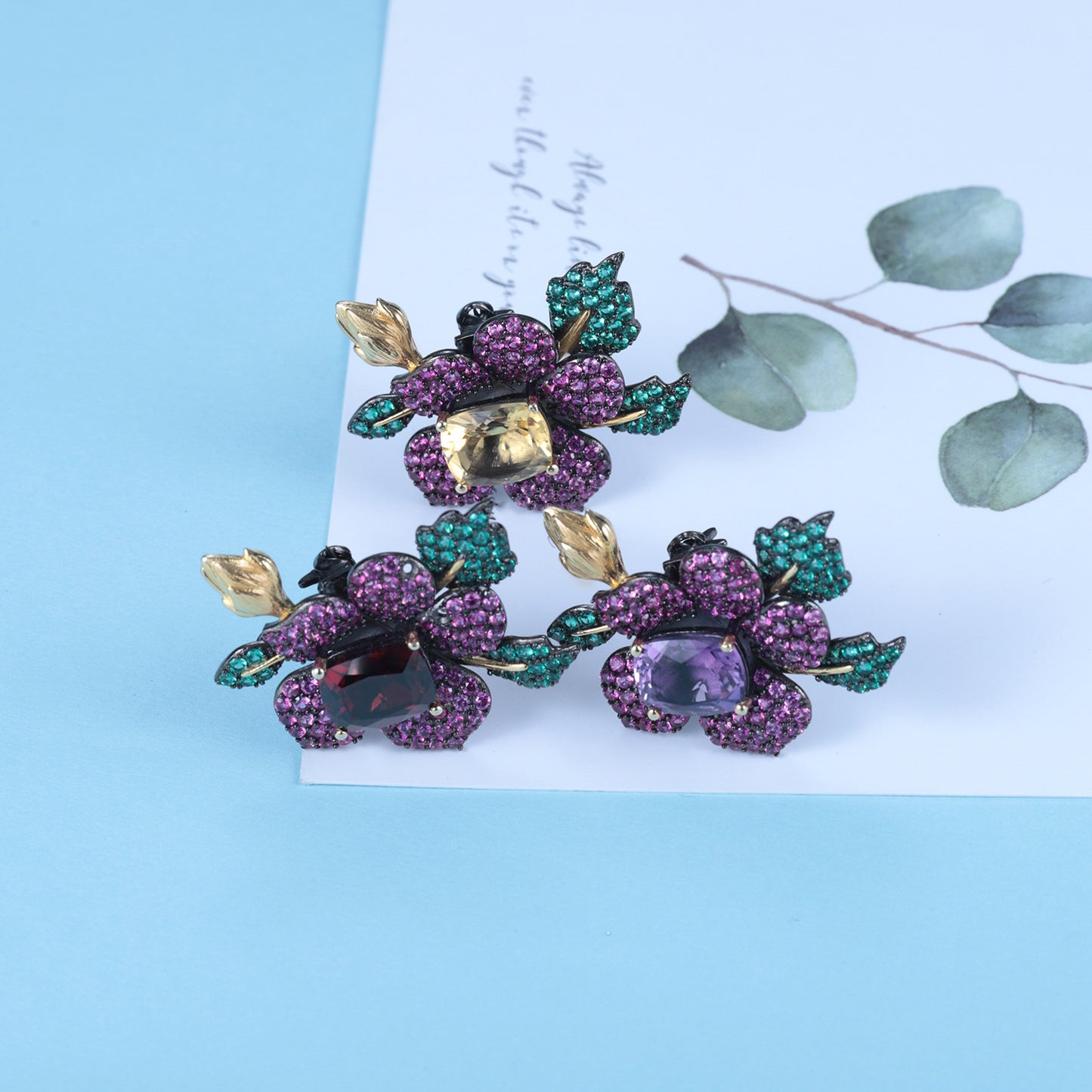 Designer Natural Citrine | Amethyst | Garnet Brooch Pendant Dual-Purpose Natural Wind Flower 925 Silver Colored Gemstone Brooch Necklace