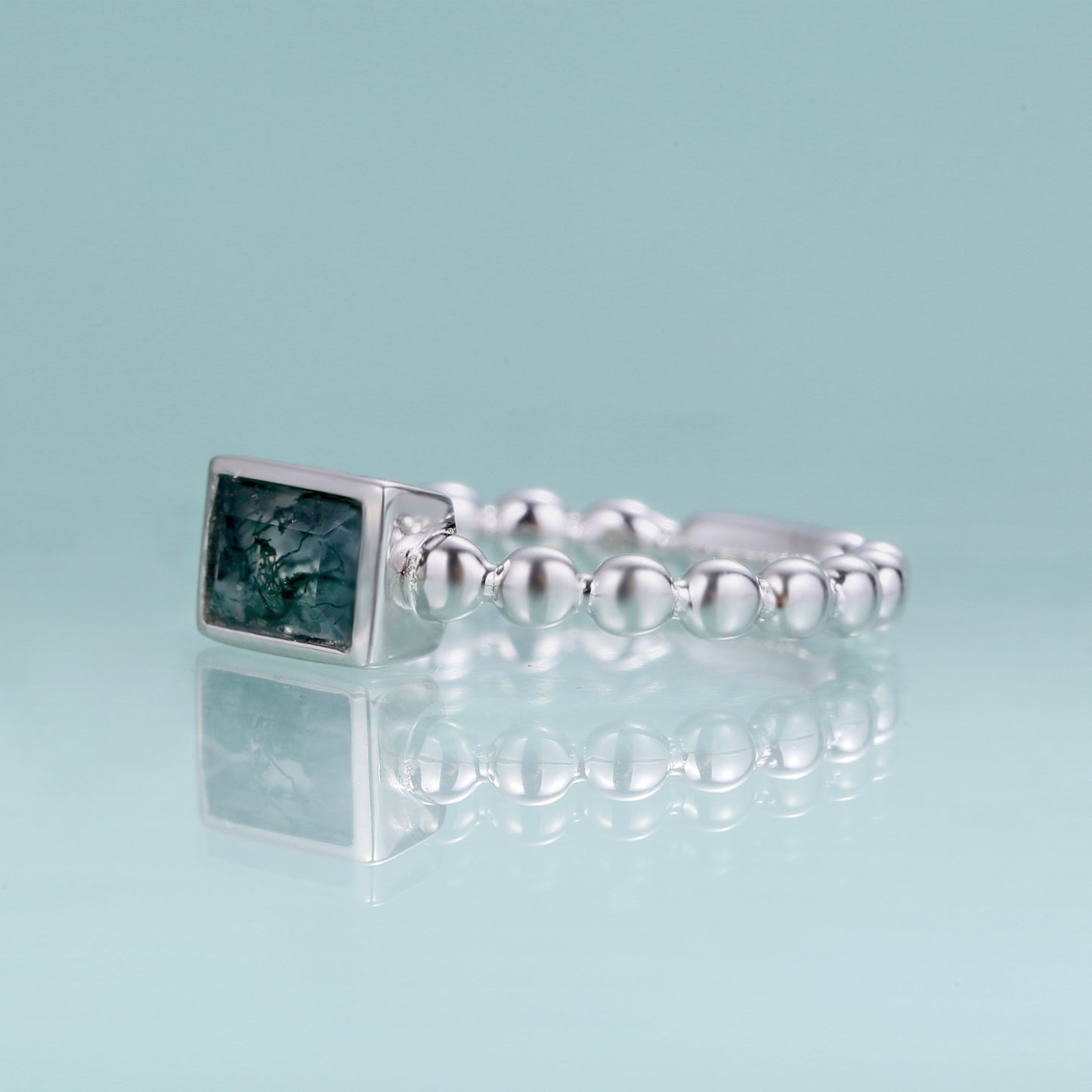 Rectangle Natural Moss Agate Ring 925 Sterling Silver 0.6 Carat Green Moss Gemstone Ring