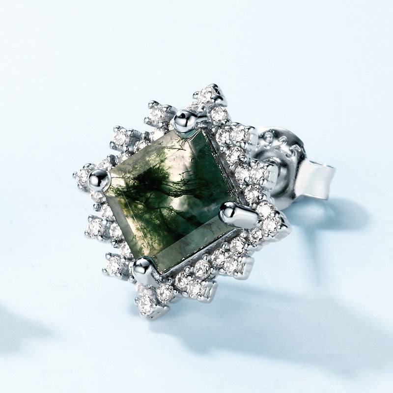 Dainty S925 Princess Cut Green Moss Agate Stud Earrings