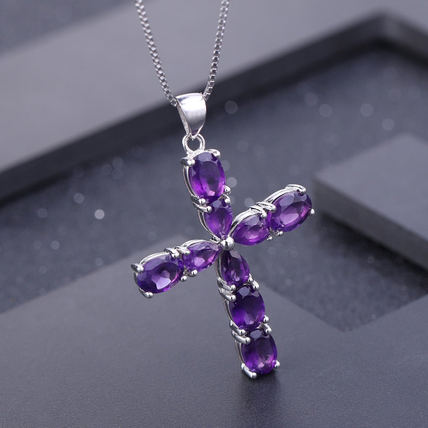 Amethyst Cross Pendant Necklace 925 Sterling Silver | Adjustable 16 - 20 Inch Chain