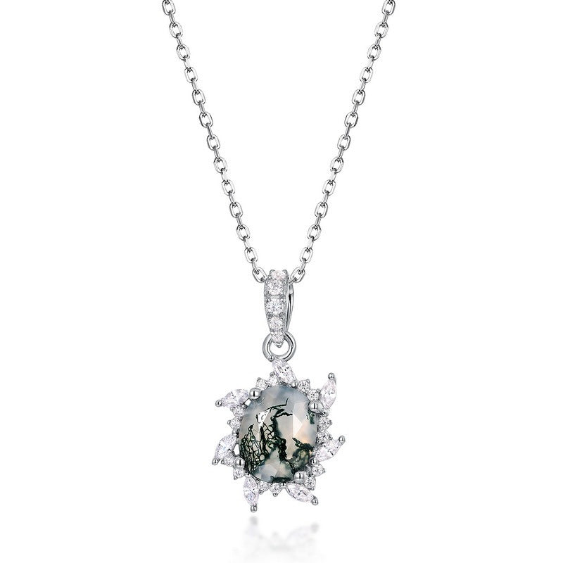 925 Silver Oval Green Moss Agate Necklace Gift for Her