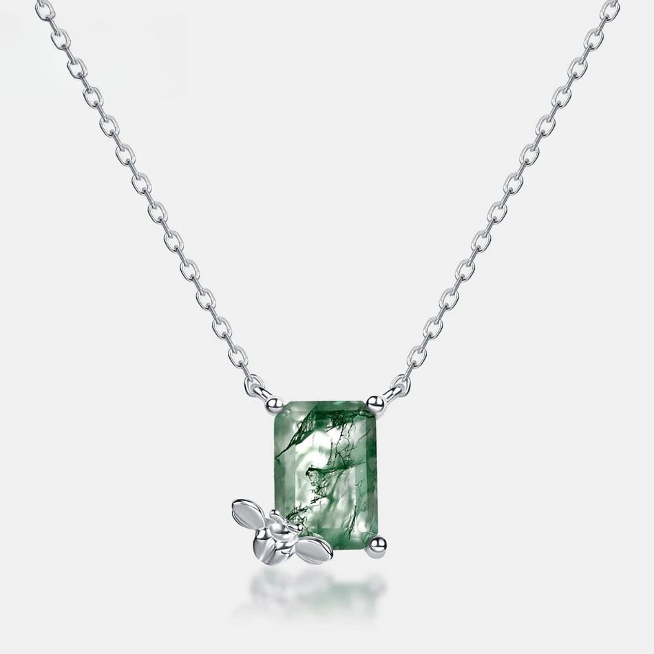 Bee & Moss Agate Pendant Necklace, 925 Sterling Silver Nature Inspired Jewelry Gift