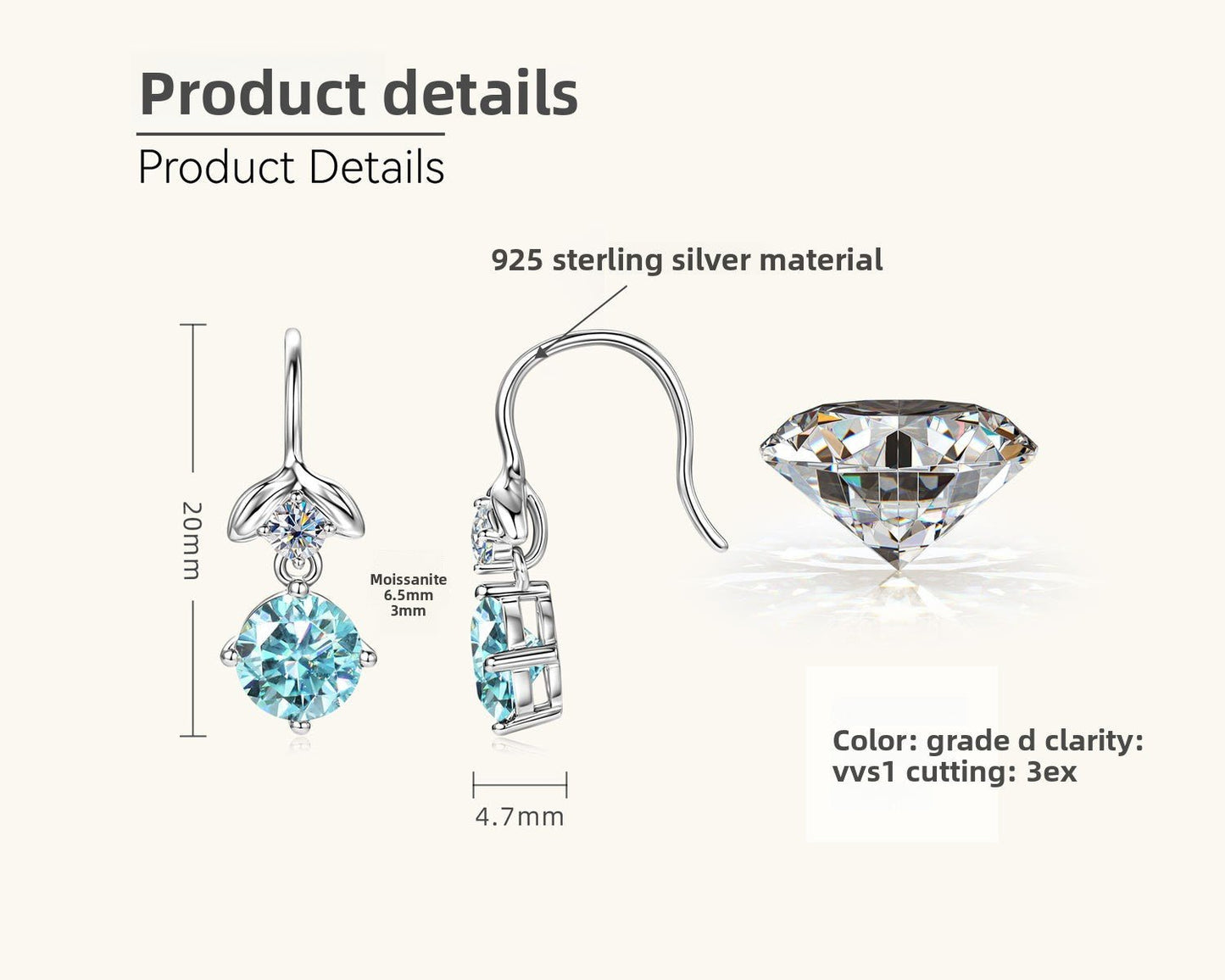 Blue Moissanite Dangle Drop Earrings 925 Silver Anniversary Gift for Her