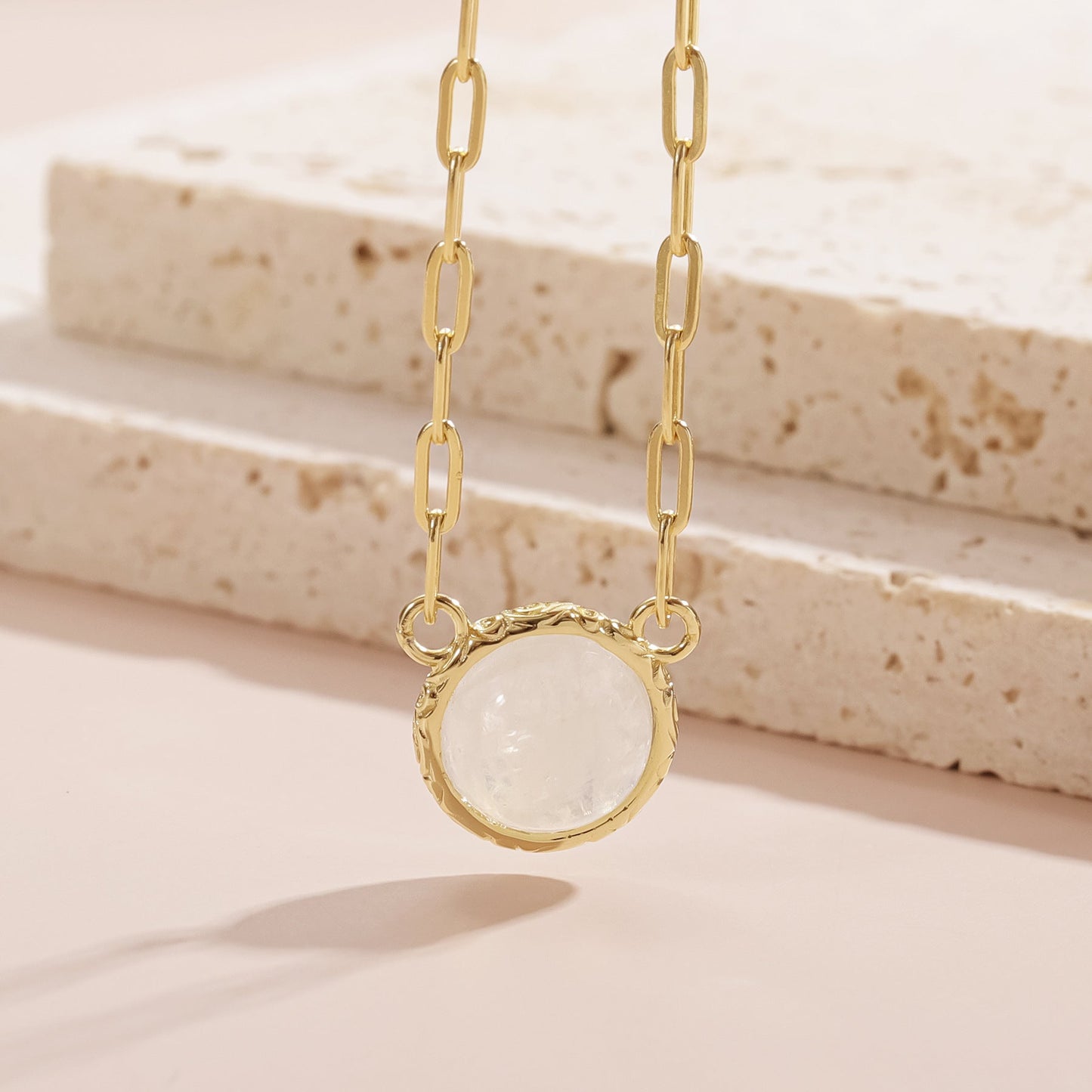 Cream Blue Moonstone Necklace - 925 Sterling Silver & Gold Art Deco Chain for Women