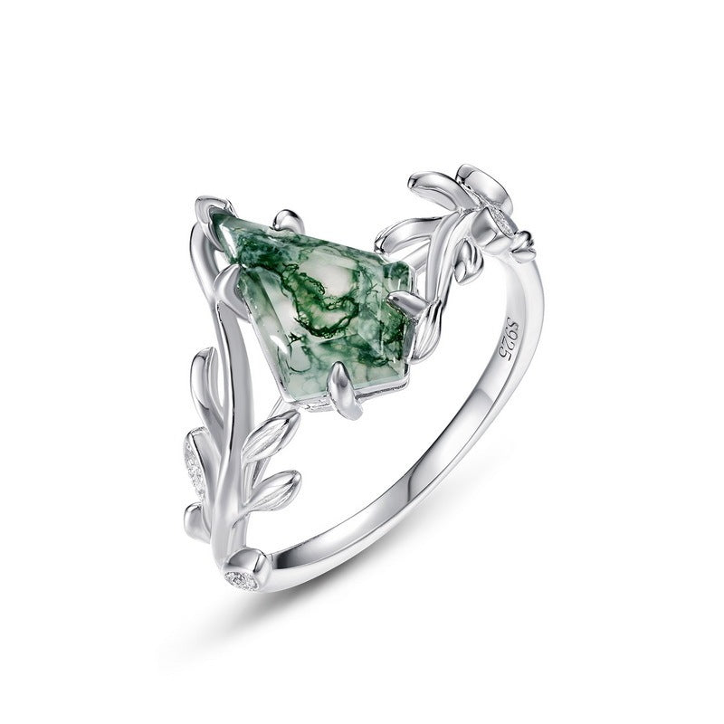 Olive Branch Natural Green Moss Agate Ring Minimalist • Green Crystal Birthstone Ring • Vintage Art Deco Jewelry