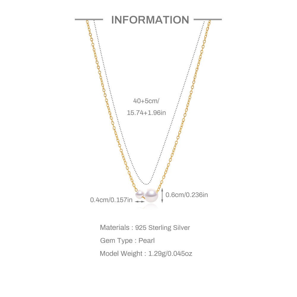 Dainty Two-Pearl Necklace, 925 Silver Minimalist Pearl Necklace Bridal Necklace Gift for Her