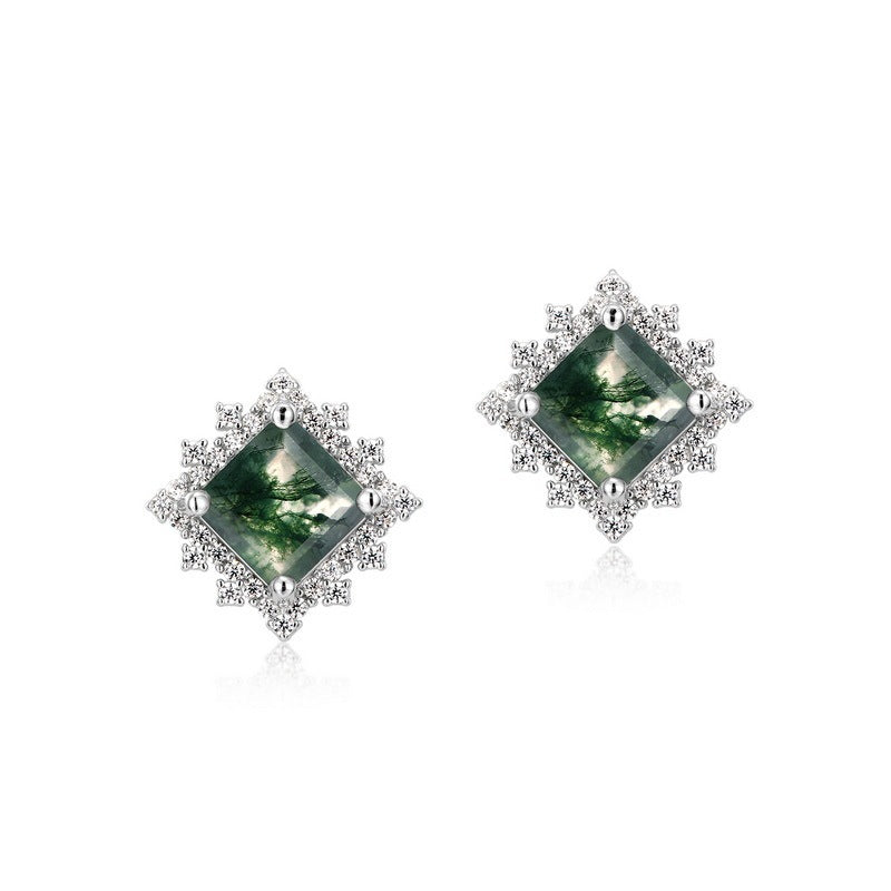 Dainty S925 Princess Cut Green Moss Agate Stud Earrings