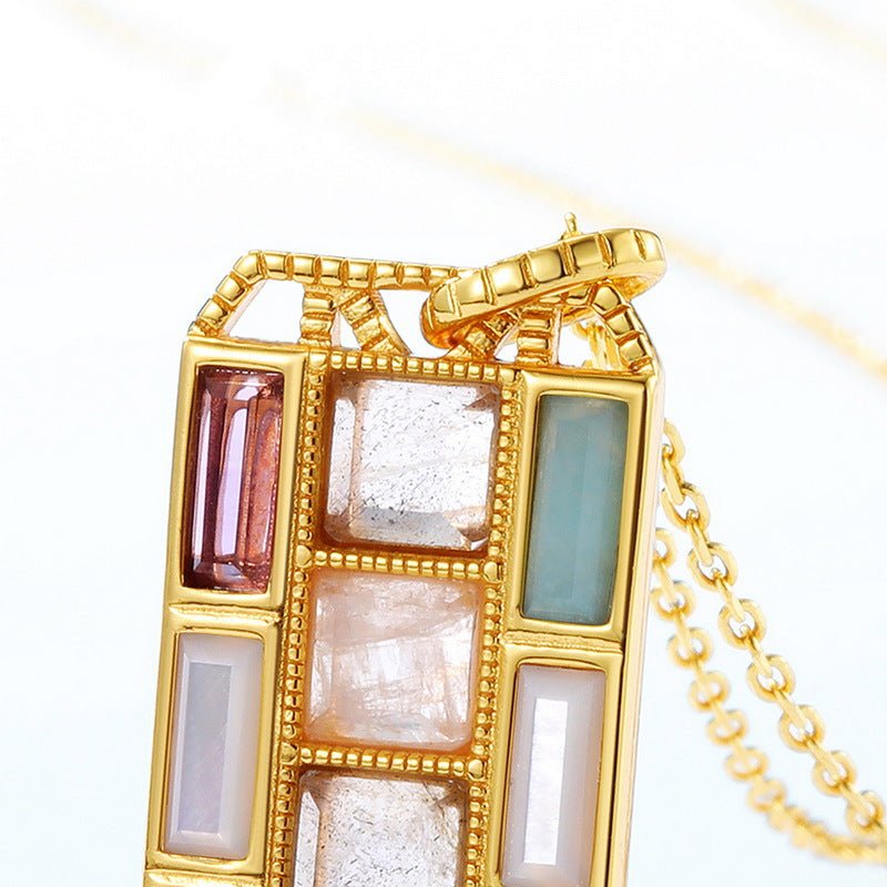 Geometric Rectangle Pendant Necklace - 925 Sterling Silver with Multi - Gemstone Inlay