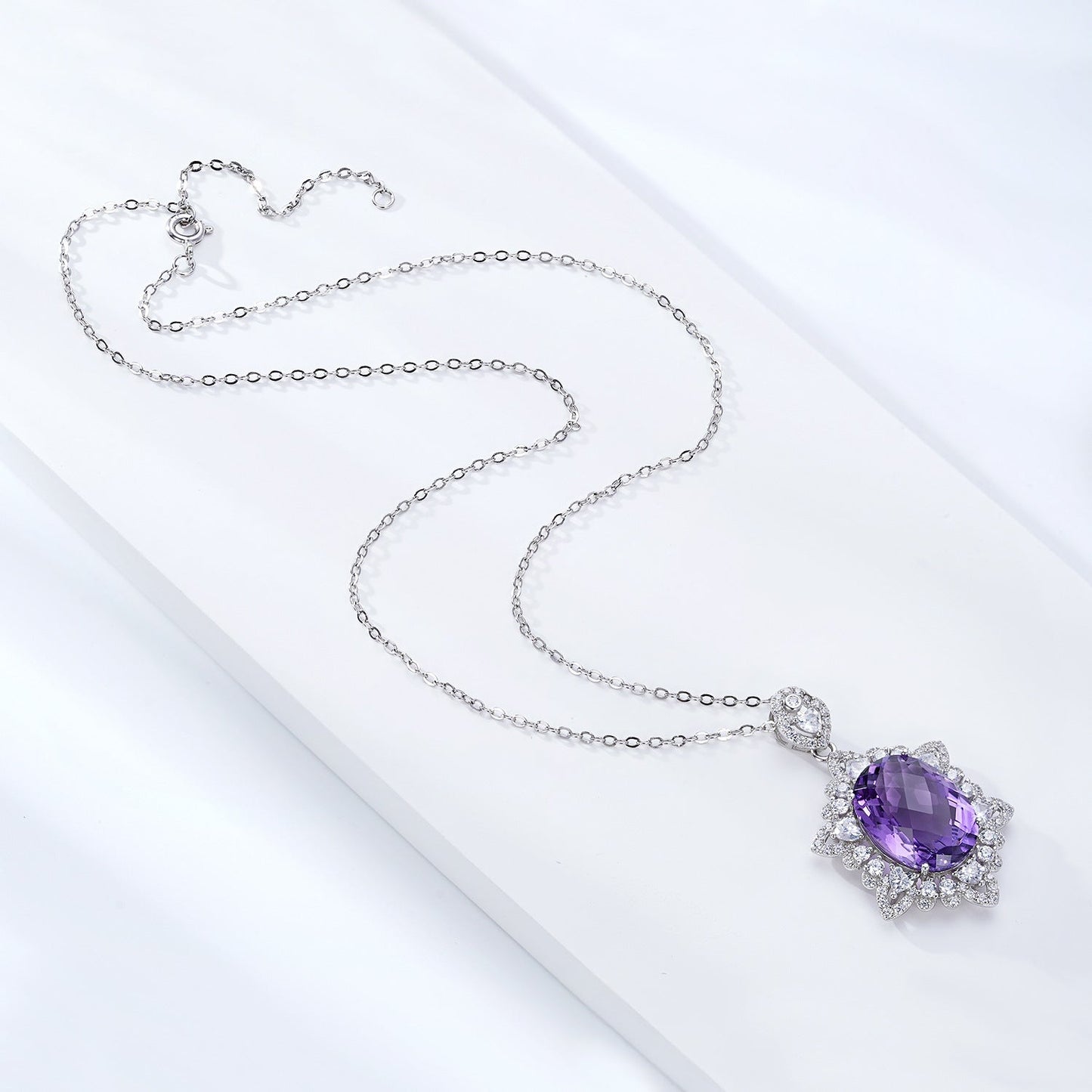 Large Oval Natural Amethyst Necklace 925 Silver Chain Wedding Gift for Her