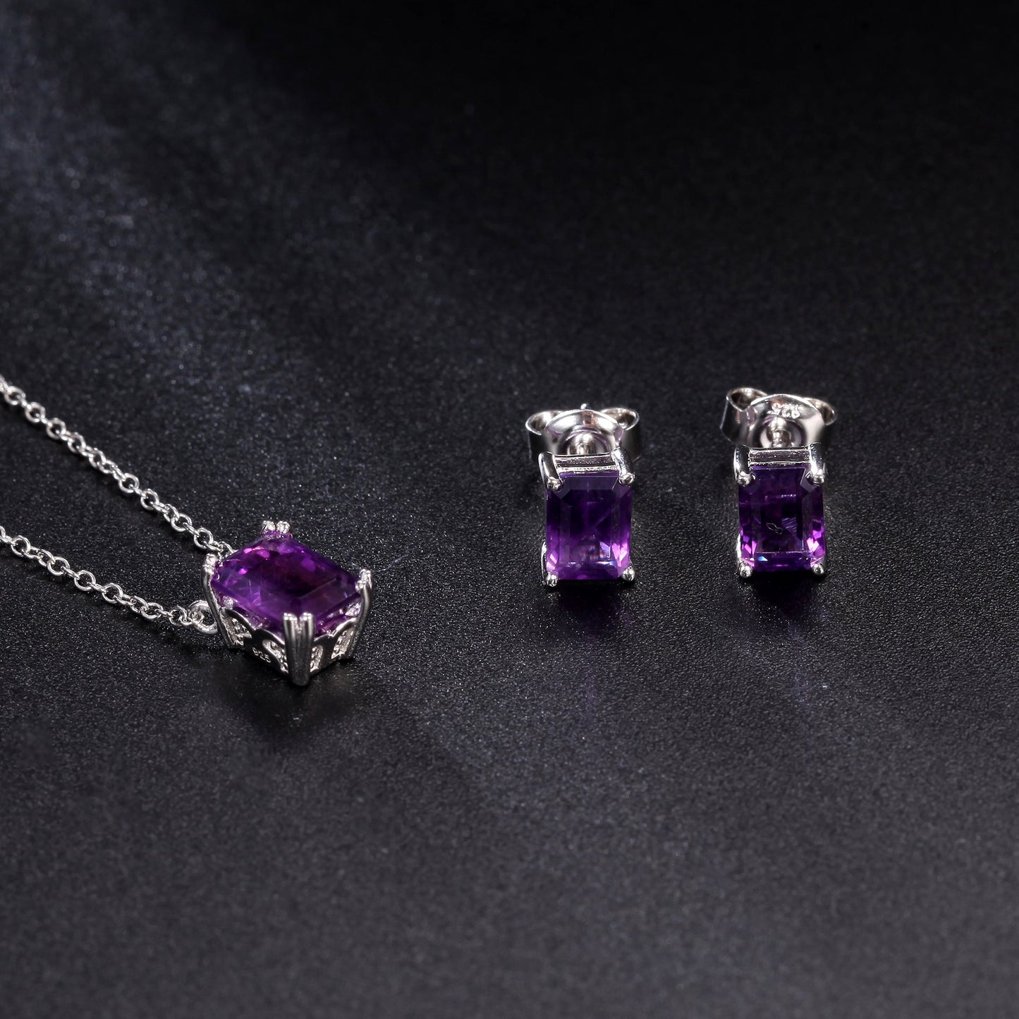 Natural Amethyst Emerald Cut Stud Earrings 925 Silver Set with Natural Gemstones