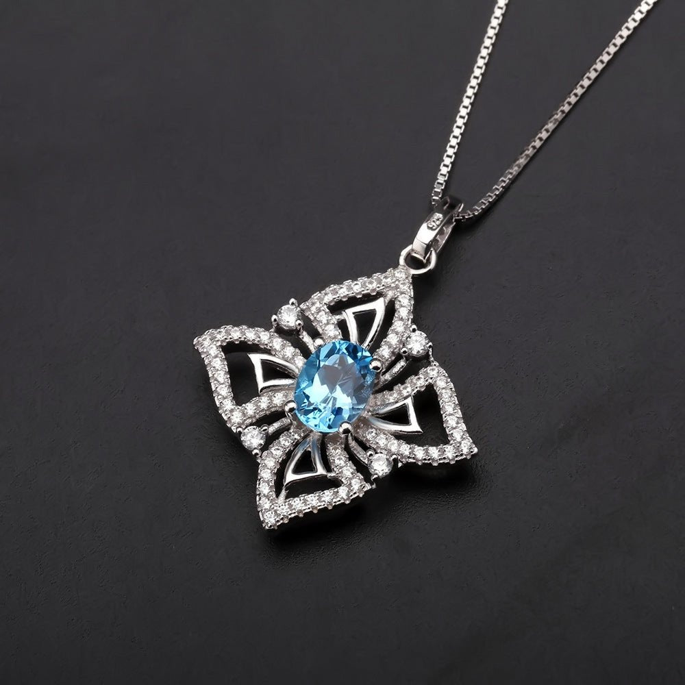 Oval Swiss Blue Topaz Necklace, Floral Halo Pendant in 925 Sterling Silver