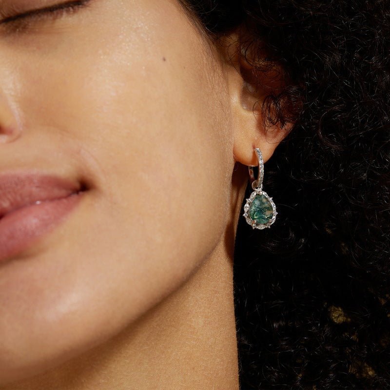 Pear Green Moss Agate Dangle Earrings 925 Silver