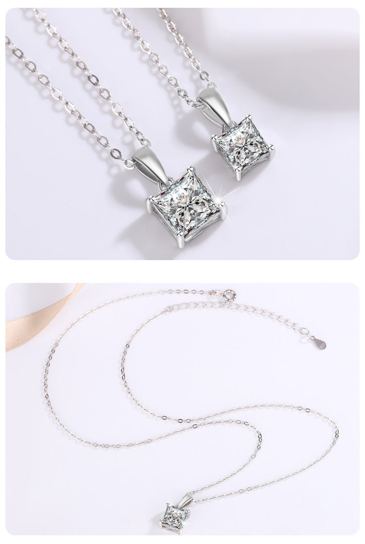 Princess Cut Moissanite Pendant Necklace | 1-2 Ct Square Solitaire | 925 Silver Gift for Women