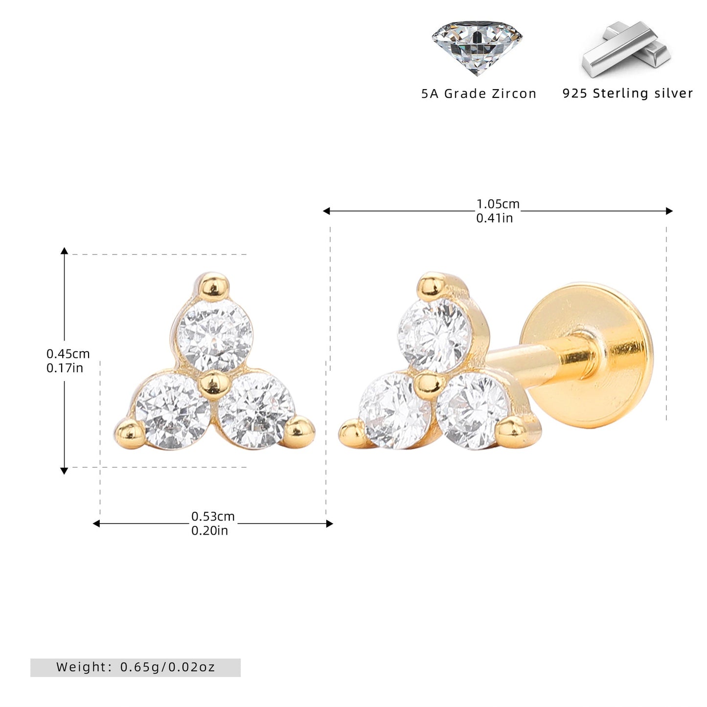 Trio CZ Stud Earrings | Internally Threaded Flat Back | 925 Sterling Silver